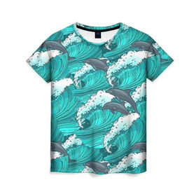 Женская футболка 3D с принтом Дельфины в Курске, 100% полиэфир ( синтетическое хлопкоподобное полотно) | прямой крой, круглый вырез горловины, длина до линии бедер | dolphins | fish | ocean | pattern | sea | summer | waves | волны | дельфины | лето | море | океан | паттерн | рыбы