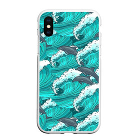 Чехол для iPhone XS Max матовый с принтом Дельфины в Курске, Силикон | Область печати: задняя сторона чехла, без боковых панелей | Тематика изображения на принте: dolphins | fish | ocean | pattern | sea | summer | waves | волны | дельфины | лето | море | океан | паттерн | рыбы