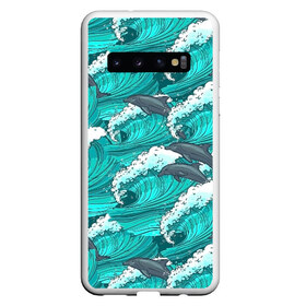 Чехол для Samsung Galaxy S10 с принтом Дельфины в Курске, Силикон | Область печати: задняя сторона чехла, без боковых панелей | Тематика изображения на принте: dolphins | fish | ocean | pattern | sea | summer | waves | волны | дельфины | лето | море | океан | паттерн | рыбы
