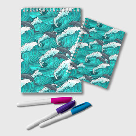 Блокнот с принтом Дельфины в Курске, 100% бумага | 48 листов, плотность листов — 60 г/м2, плотность картонной обложки — 250 г/м2. Листы скреплены удобной пружинной спиралью. Цвет линий — светло-серый
 | dolphins | fish | ocean | pattern | sea | summer | waves | волны | дельфины | лето | море | океан | паттерн | рыбы