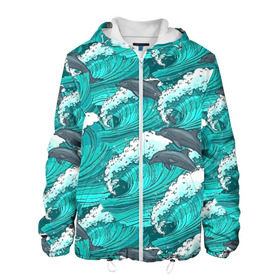 Мужская куртка 3D с принтом Дельфины в Курске, ткань верха — 100% полиэстер, подклад — флис | прямой крой, подол и капюшон оформлены резинкой с фиксаторами, два кармана без застежек по бокам, один большой потайной карман на груди. Карман на груди застегивается на липучку | Тематика изображения на принте: dolphins | fish | ocean | pattern | sea | summer | waves | волны | дельфины | лето | море | океан | паттерн | рыбы