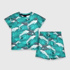 Детский костюм с шортами 3D с принтом Дельфины в Курске,  |  | dolphins | fish | ocean | pattern | sea | summer | waves | волны | дельфины | лето | море | океан | паттерн | рыбы