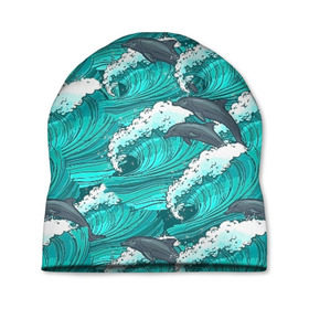 Шапка 3D с принтом Дельфины в Курске, 100% полиэстер | универсальный размер, печать по всей поверхности изделия | Тематика изображения на принте: dolphins | fish | ocean | pattern | sea | summer | waves | волны | дельфины | лето | море | океан | паттерн | рыбы