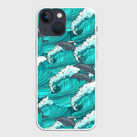 Чехол для iPhone 13 mini с принтом Дельфины в Курске,  |  | dolphins | fish | ocean | pattern | sea | summer | waves | волны | дельфины | лето | море | океан | паттерн | рыбы