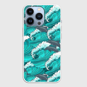 Чехол для iPhone 13 Pro с принтом Дельфины в Курске,  |  | Тематика изображения на принте: dolphins | fish | ocean | pattern | sea | summer | waves | волны | дельфины | лето | море | океан | паттерн | рыбы