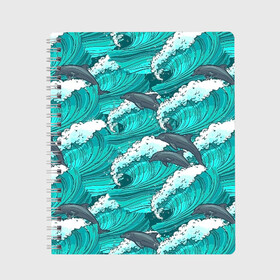 Тетрадь с принтом Дельфины в Курске, 100% бумага | 48 листов, плотность листов — 60 г/м2, плотность картонной обложки — 250 г/м2. Листы скреплены сбоку удобной пружинной спиралью. Уголки страниц и обложки скругленные. Цвет линий — светло-серый
 | Тематика изображения на принте: dolphins | fish | ocean | pattern | sea | summer | waves | волны | дельфины | лето | море | океан | паттерн | рыбы