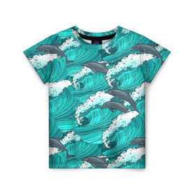 Детская футболка 3D с принтом Дельфины в Курске, 100% гипоаллергенный полиэфир | прямой крой, круглый вырез горловины, длина до линии бедер, чуть спущенное плечо, ткань немного тянется | dolphins | fish | ocean | pattern | sea | summer | waves | волны | дельфины | лето | море | океан | паттерн | рыбы