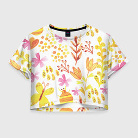 Женская футболка Cropp-top с принтом Коллекция HYPNOSE в Курске, 100% полиэстер | круглая горловина, длина футболки до линии талии, рукава с отворотами | паттерн | разноцветный | растительный | яркие
