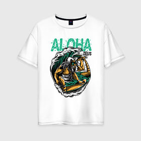 Женская футболка хлопок Oversize с принтом Алоха в Курске, 100% хлопок | свободный крой, круглый ворот, спущенный рукав, длина до линии бедер
 | для отдыха | для отпуска | доска | море | на доске | пальмы | пляж | серф | серфинг | солнце