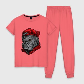 Женская пижама хлопок с принтом Обезьяна в Курске, 100% хлопок | брюки и футболка прямого кроя, без карманов, на брюках мягкая резинка на поясе и по низу штанин | 
