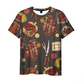 Мужская футболка 3D с принтом Вкуснятина в Курске, 100% полиэфир | прямой крой, круглый вырез горловины, длина до линии бедер | барбекю | еда | кулинария | мясо | повар | стейк | шашлык