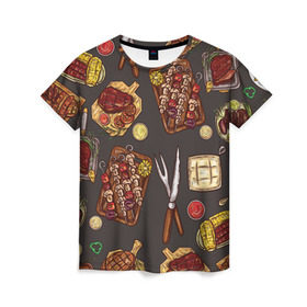 Женская футболка 3D с принтом Вкуснятина в Курске, 100% полиэфир ( синтетическое хлопкоподобное полотно) | прямой крой, круглый вырез горловины, длина до линии бедер | барбекю | еда | кулинария | мясо | повар | стейк | шашлык
