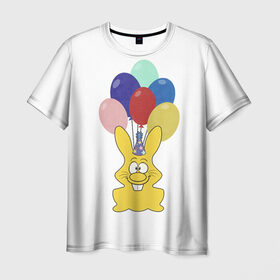Мужская футболка 3D с принтом Зайчик с шарами в Курске, 100% полиэфир | прямой крой, круглый вырез горловины, длина до линии бедер | Тематика изображения на принте: желейный зайчик | желейный заяц | заяц