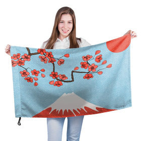 Флаг 3D с принтом Гора Фудзияма в Курске, 100% полиэстер | плотность ткани — 95 г/м2, размер — 67 х 109 см. Принт наносится с одной стороны | белый | вершина | вишня | зима | красный | сакура | синий | снег | япония