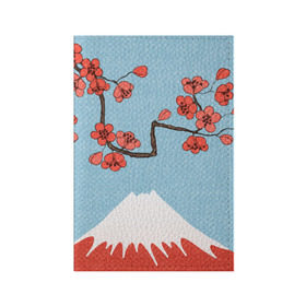 Обложка для паспорта матовая кожа с принтом Гора Фудзияма в Курске, натуральная матовая кожа | размер 19,3 х 13,7 см; прозрачные пластиковые крепления | Тематика изображения на принте: белый | вершина | вишня | зима | красный | сакура | синий | снег | япония