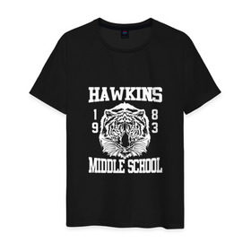 Мужская футболка хлопок с принтом Hawkins middle school в Курске, 100% хлопок | прямой крой, круглый вырез горловины, длина до линии бедер, слегка спущенное плечо. | hawkins | stranger things | очень странные дела | хоукинс