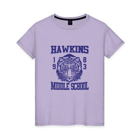 Женская футболка хлопок с принтом Hawkins middle school в Курске, 100% хлопок | прямой крой, круглый вырез горловины, длина до линии бедер, слегка спущенное плечо | hawkins | stranger things | очень странные дела | хоукинс