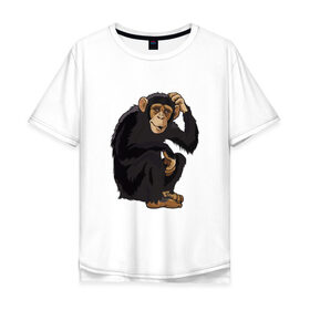 Мужская футболка хлопок Oversize с принтом Обезьяна думает в Курске, 100% хлопок | свободный крой, круглый ворот, “спинка” длиннее передней части | думать | животное | мавпа | обезьяна | человек