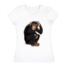 Женская футболка хлопок с принтом Обезьяна думает в Курске, 100% хлопок | прямой крой, круглый вырез горловины, длина до линии бедер, слегка спущенное плечо | думать | животное | мавпа | обезьяна | человек