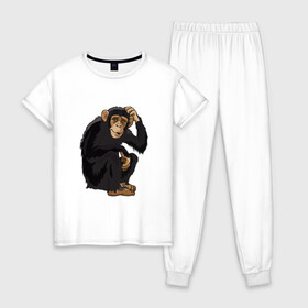 Женская пижама хлопок с принтом Обезьяна думает в Курске, 100% хлопок | брюки и футболка прямого кроя, без карманов, на брюках мягкая резинка на поясе и по низу штанин | думать | животное | мавпа | обезьяна | человек