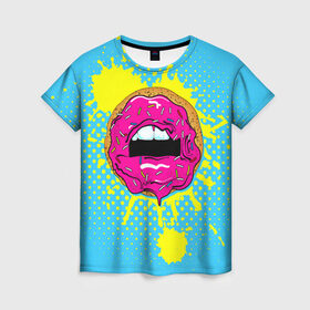 Женская футболка 3D с принтом Donut lips в Курске, 100% полиэфир ( синтетическое хлопкоподобное полотно) | прямой крой, круглый вырез горловины, длина до линии бедер | donut | kiss | lips | pop art | splash | sweet | брызги | губы | пончик | поп арт