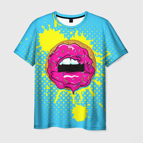 Мужская футболка 3D с принтом Donut lips в Курске, 100% полиэфир | прямой крой, круглый вырез горловины, длина до линии бедер | donut | kiss | lips | pop art | splash | sweet | брызги | губы | пончик | поп арт