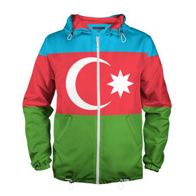Мужская ветровка 3D с принтом Азербайджан в Курске, 100% полиэстер | подол и капюшон оформлены резинкой с фиксаторами, два кармана без застежек по бокам, один потайной карман на груди | Тематика изображения на принте: azerbaijan | azrbaycan | звезда | ислам | полумесяц | флаг