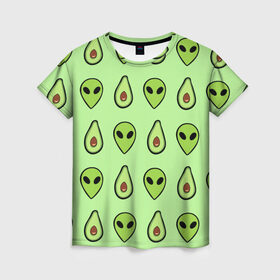 Женская футболка 3D с принтом Green в Курске, 100% полиэфир ( синтетическое хлопкоподобное полотно) | прямой крой, круглый вырез горловины, длина до линии бедер | alien | food | vegetarian | авокадо | вегетарианство | еда | пришелец