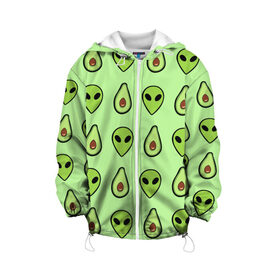 Детская куртка 3D с принтом Green в Курске, 100% полиэстер | застежка — молния, подол и капюшон оформлены резинкой с фиксаторами, по бокам — два кармана без застежек, один потайной карман на груди, плотность верхнего слоя — 90 г/м2; плотность флисового подклада — 260 г/м2 | Тематика изображения на принте: alien | food | vegetarian | авокадо | вегетарианство | еда | пришелец