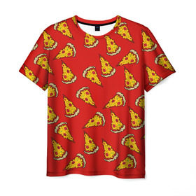 Мужская футболка 3D с принтом Pizza red в Курске, 100% полиэфир | прямой крой, круглый вырез горловины, длина до линии бедер | Тематика изображения на принте: fast food | pizza | еда | пицца | фастфуд