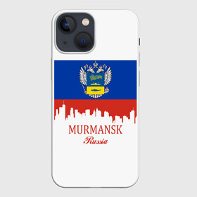 Чехол для iPhone 13 mini с принтом MURMANSK (Мурманск) в Курске,  |  | Тематика изображения на принте: 51 | murmansk | ru | rus | герб | знак | мурманск | мурманская | надпись | область | патриот | полосы | российская | российский | россия | русская | русский | рф | символ | страна | флаг | флага | цвета