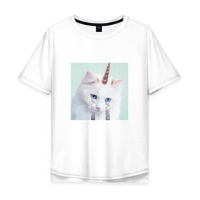 Мужская футболка хлопок Oversize с принтом котик единорог в Курске, 100% хлопок | свободный крой, круглый ворот, “спинка” длиннее передней части | владивосток | единорожек | кот | пушистик | радуга | самара | свэг | слезки