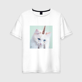Женская футболка хлопок Oversize с принтом котик единорог в Курске, 100% хлопок | свободный крой, круглый ворот, спущенный рукав, длина до линии бедер
 | владивосток | единорожек | кот | пушистик | радуга | самара | свэг | слезки
