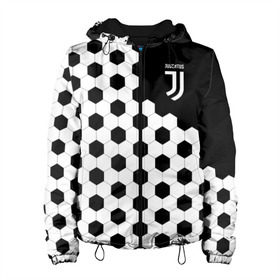 Женская куртка 3D с принтом Juventus в Курске, ткань верха — 100% полиэстер, подклад — флис | прямой крой, подол и капюшон оформлены резинкой с фиксаторами, два кармана без застежек по бокам, один большой потайной карман на груди. Карман на груди застегивается на липучку | 