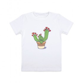 Детская футболка хлопок с принтом Кактус в Курске, 100% хлопок | круглый вырез горловины, полуприлегающий силуэт, длина до линии бедер | горшок | растение | цветет | цветок