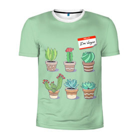 Мужская футболка 3D спортивная с принтом Я веган в Курске, 100% полиэстер с улучшенными характеристиками | приталенный силуэт, круглая горловина, широкие плечи, сужается к линии бедра | веганство | вегетарианец | вегетарианство | кактусы | растения | цветы в горшках