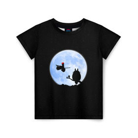 Детская футболка 3D с принтом Totoro and the moon в Курске, 100% гипоаллергенный полиэфир | прямой крой, круглый вырез горловины, длина до линии бедер, чуть спущенное плечо, ткань немного тянется | Тематика изображения на принте: anime | moon | myneighbortotoro | night | stars | totoro | аниме | звезды | канта | кодомо | котобус | кусакабэ | луна | мэй | ночь | сусуватари | тацуо | тоторо | хаяомиядзаки | ясуко