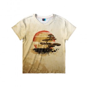 Детская футболка 3D с принтом Дерево на закате в Курске, 100% гипоаллергенный полиэфир | прямой крой, круглый вырез горловины, длина до линии бедер, чуть спущенное плечо, ткань немного тянется | дерево | закат | солнце | япония