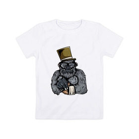 Детская футболка хлопок с принтом Гроссмейстер в Курске, 100% хлопок | круглый вырез горловины, полуприлегающий силуэт, длина до линии бедер | chess | sport | горилла | животные | мат | обезьяна | примат | спорт | шах | шахматы | шляпа
