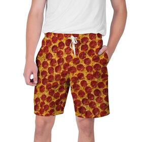 Мужские шорты 3D с принтом Пицца пепперони в Курске,  полиэстер 100% | прямой крой, два кармана без застежек по бокам. Мягкая трикотажная резинка на поясе, внутри которой широкие завязки. Длина чуть выше колен | Тематика изображения на принте: pepperoni | pizza | еда | колбаса | мясо | пица | сардельки | сыр | фастфуд