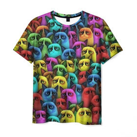 Мужская футболка 3D с принтом Разноцветные сердитые коты в Курске, 100% полиэфир | прямой крой, круглый вырез горловины, длина до линии бедер | Тематика изображения на принте: cat | grumpy | грустный | злой | кот | кошка | мем | паттерн | радуга