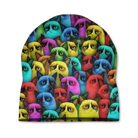 Шапка 3D с принтом Разноцветные сердитые коты в Курске, 100% полиэстер | универсальный размер, печать по всей поверхности изделия | cat | grumpy | грустный | злой | кот | кошка | мем | паттерн | радуга