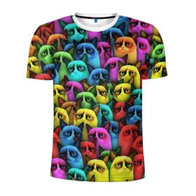 Мужская футболка 3D спортивная с принтом Разноцветные сердитые коты в Курске, 100% полиэстер с улучшенными характеристиками | приталенный силуэт, круглая горловина, широкие плечи, сужается к линии бедра | cat | grumpy | грустный | злой | кот | кошка | мем | паттерн | радуга