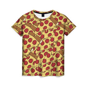 Женская футболка 3D с принтом Pizza в Курске, 100% полиэфир ( синтетическое хлопкоподобное полотно) | прямой крой, круглый вырез горловины, длина до линии бедер | cheese | fast food | food | junk food | pizza | еда | пицца | сыр | фастфут