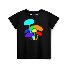 Детская футболка 3D с принтом Цветные грибы в Курске, 100% гипоаллергенный полиэфир | прямой крой, круглый вырез горловины, длина до линии бедер, чуть спущенное плечо, ткань немного тянется | грибочки | грибы