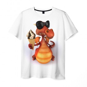 Мужская футболка 3D с принтом Добрый дракон в Курске, 100% полиэфир | прямой крой, круглый вырез горловины, длина до линии бедер | дракон | дракончик | змей | мороженное | чудовище | ящерица