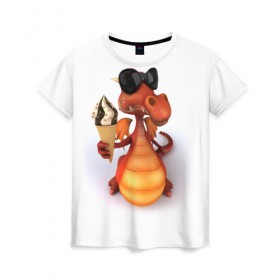 Женская футболка 3D с принтом Добрый дракон в Курске, 100% полиэфир ( синтетическое хлопкоподобное полотно) | прямой крой, круглый вырез горловины, длина до линии бедер | дракон | дракончик | змей | мороженное | чудовище | ящерица