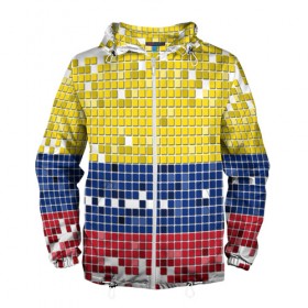 Мужская ветровка 3D с принтом Флаг Колумбии в Курске, 100% полиэстер | подол и капюшон оформлены резинкой с фиксаторами, два кармана без застежек по бокам, один потайной карман на груди | пиксельный