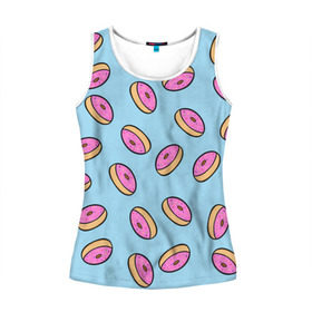 Женская майка 3D с принтом Пончики в Курске, 100% полиэстер | круглая горловина, прямой силуэт, длина до линии бедра | doughnut | food | pattern | sweet | vegan | vegetarian | веган | вегетарианство | еда | паттерн | пончик | сладкое