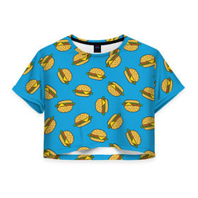 Женская футболка Cropp-top с принтом Бургеры в Курске, 100% полиэстер | круглая горловина, длина футболки до линии талии, рукава с отворотами | burger | fast food | food | pattern | бургер | еда | паттерн | фастфуд
